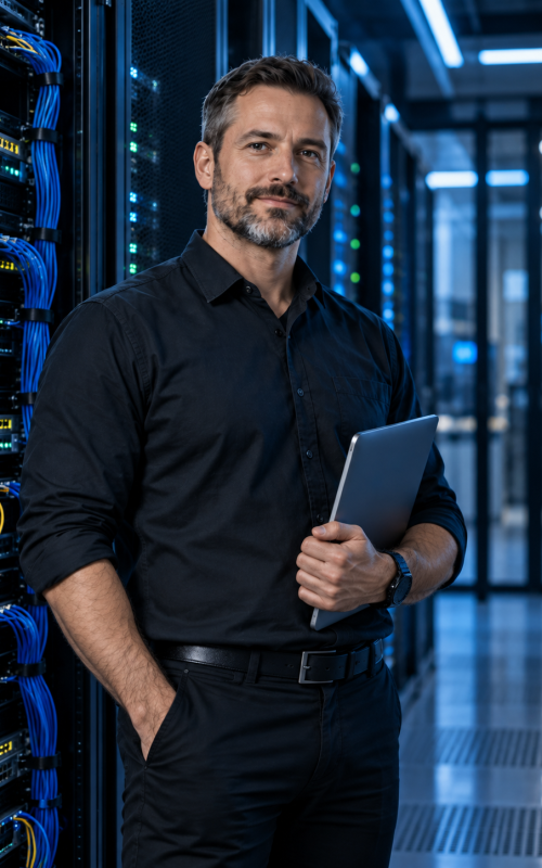 Technical consultant with tablet beside a server rack