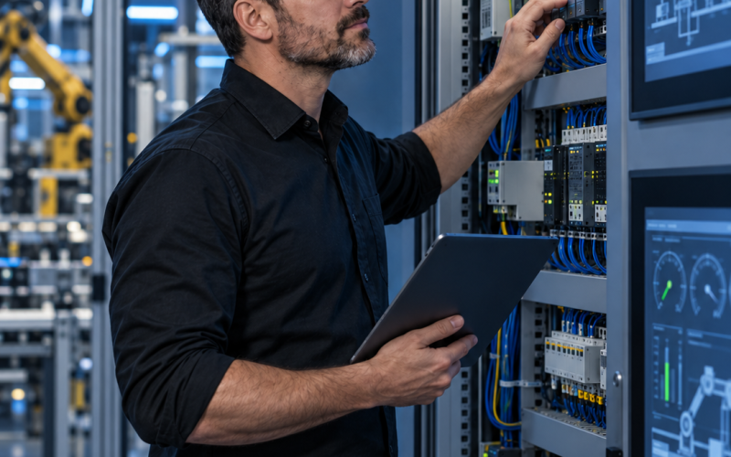 Automation engineer inspecting a PLC control cabinet