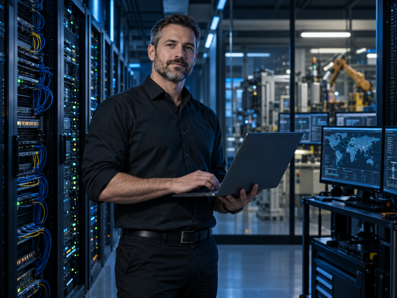 Technical consultant working in a modern server room
