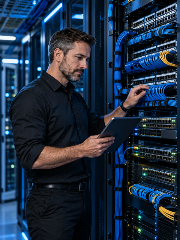 Network engineer checking structured cabling in a rack